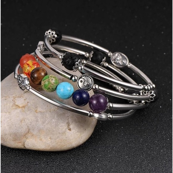 MEN, WOMEN 7 CHAKRA Bracelet Tube Wrap Stone Beads - Picture 1 of 2